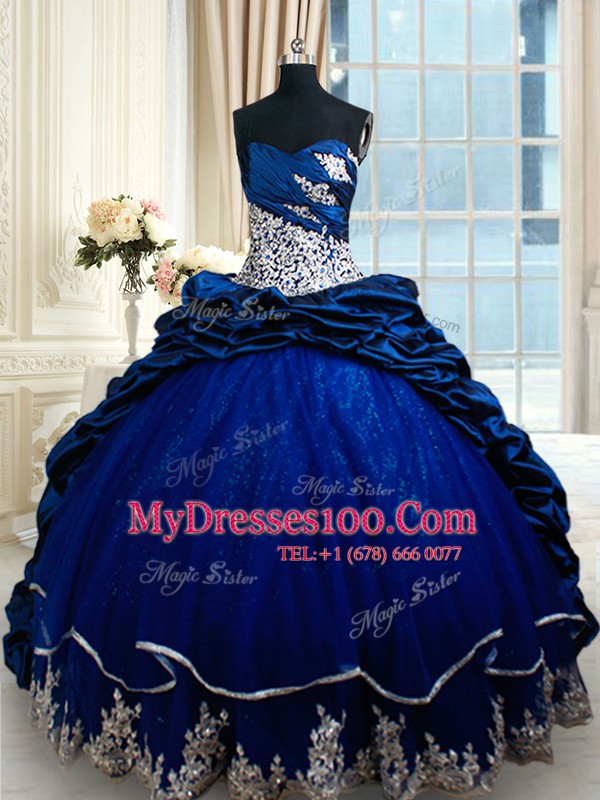 Sleeveless Appliques and Pick Ups Lace Up 15th Birthday Dress with Royal Blue Court Train