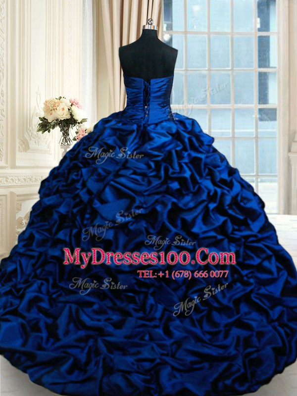 Sleeveless Appliques and Pick Ups Lace Up 15th Birthday Dress with Royal Blue Court Train