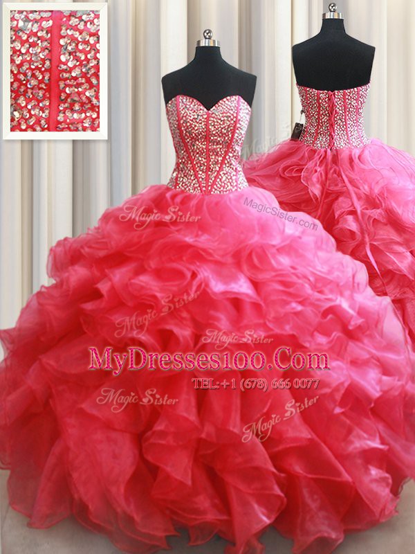 Latest Coral Red Organza Lace Up Sweetheart Sleeveless Floor Length Sweet 16 Dress Beading and Ruffles
