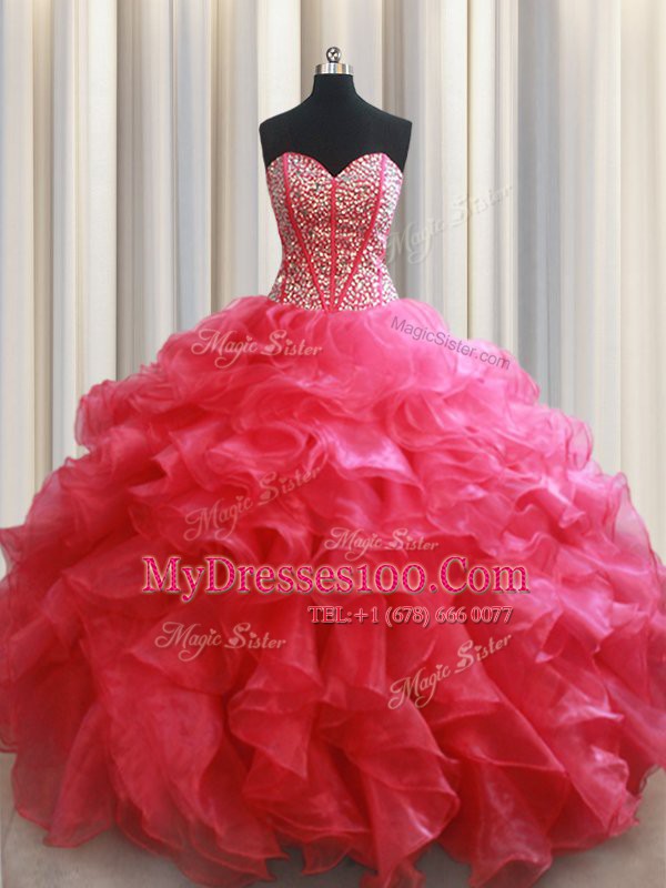 Latest Coral Red Organza Lace Up Sweetheart Sleeveless Floor Length Sweet 16 Dress Beading and Ruffles