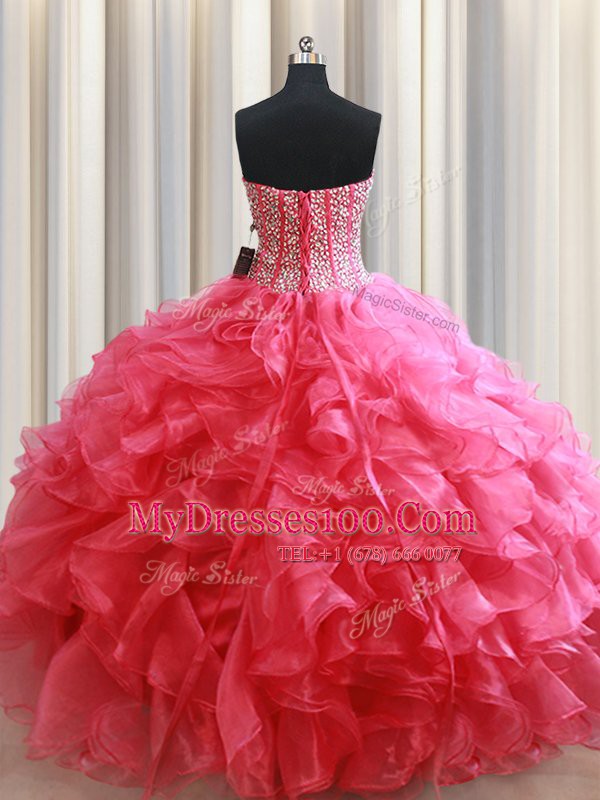 Latest Coral Red Organza Lace Up Sweetheart Sleeveless Floor Length Sweet 16 Dress Beading and Ruffles