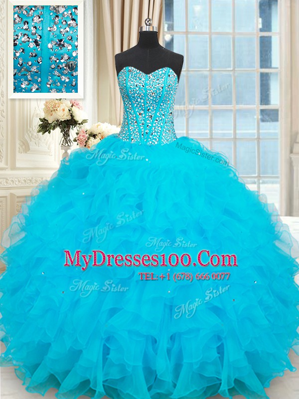 Luxurious Baby Blue Organza Lace Up Sweetheart Sleeveless Floor Length Quinceanera Dress Beading and Ruffles