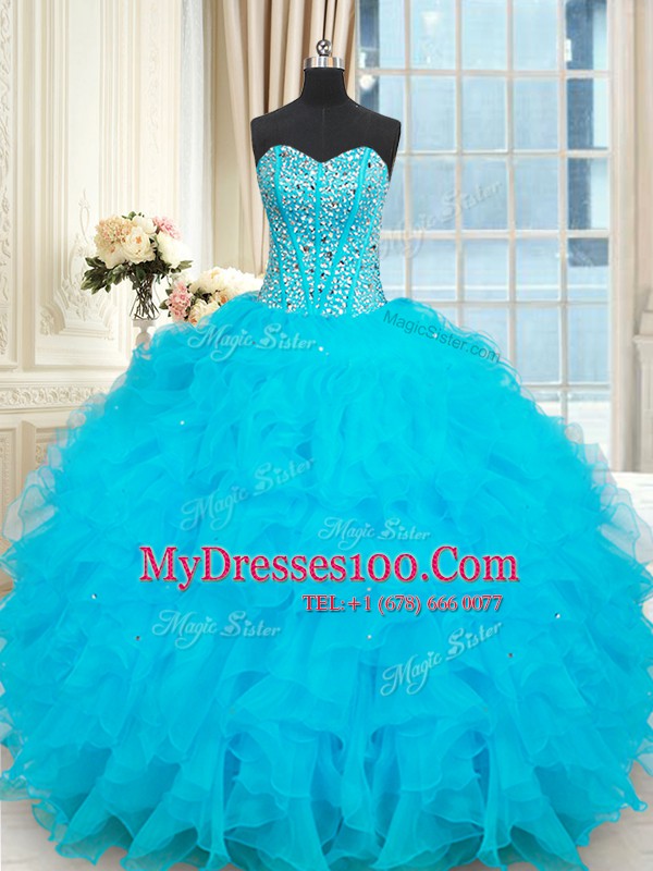Luxurious Baby Blue Organza Lace Up Sweetheart Sleeveless Floor Length Quinceanera Dress Beading and Ruffles