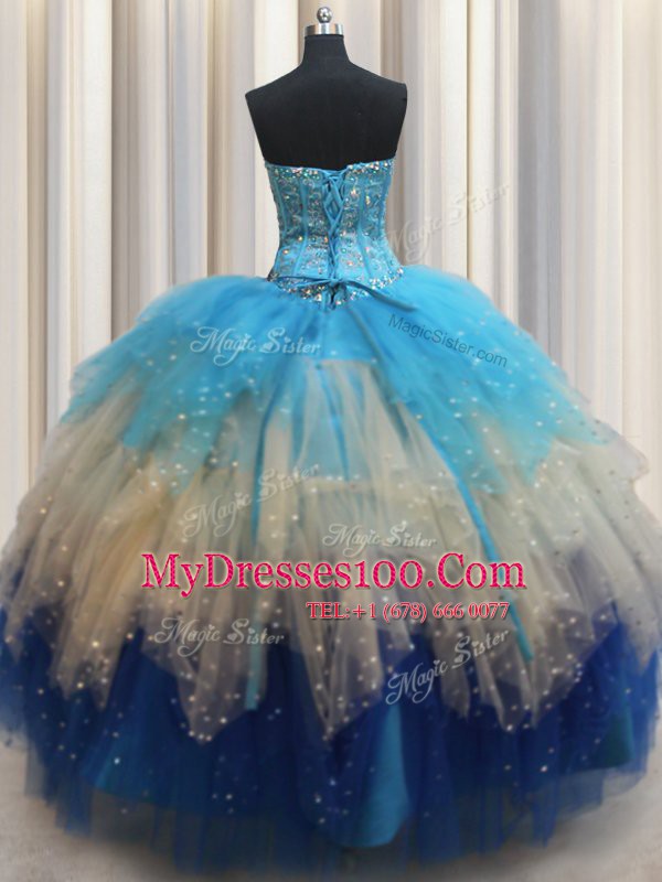 Top Selling Multi-color Tulle Lace Up Quinceanera Dress Sleeveless Floor Length Beading and Ruffles