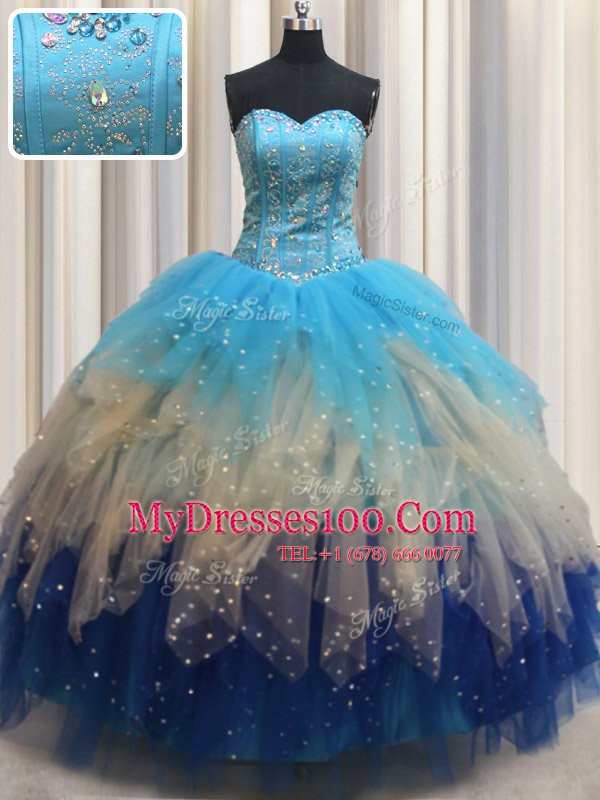 Top Selling Multi-color Tulle Lace Up Quinceanera Dress Sleeveless Floor Length Beading and Ruffles