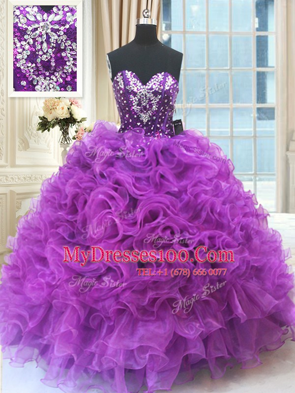 Eggplant Purple Organza Lace Up Sweetheart Sleeveless Floor Length Sweet 16 Dress Beading and Ruffles