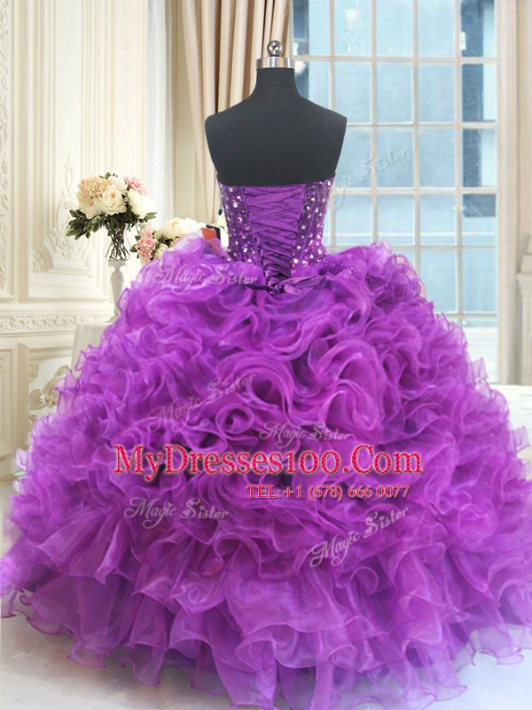 Eggplant Purple Organza Lace Up Sweetheart Sleeveless Floor Length Sweet 16 Dress Beading and Ruffles