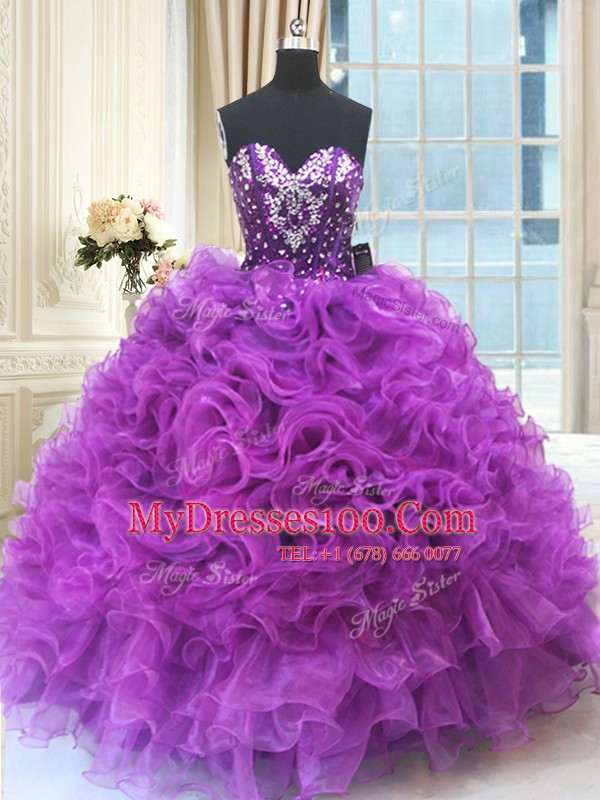 Eggplant Purple Organza Lace Up Sweetheart Sleeveless Floor Length Sweet 16 Dress Beading and Ruffles