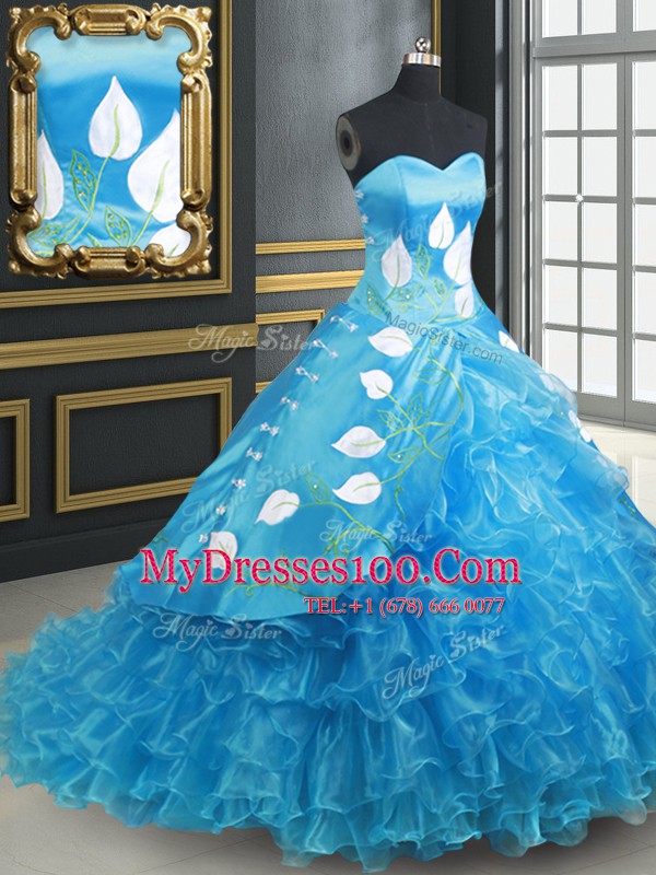 Ideal Baby Blue Sleeveless Brush Train Embroidery and Ruffled Layers With Train Quinceanera Gowns