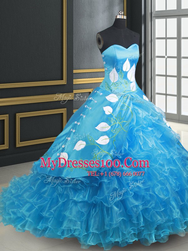 Ideal Baby Blue Sleeveless Brush Train Embroidery and Ruffled Layers With Train Quinceanera Gowns