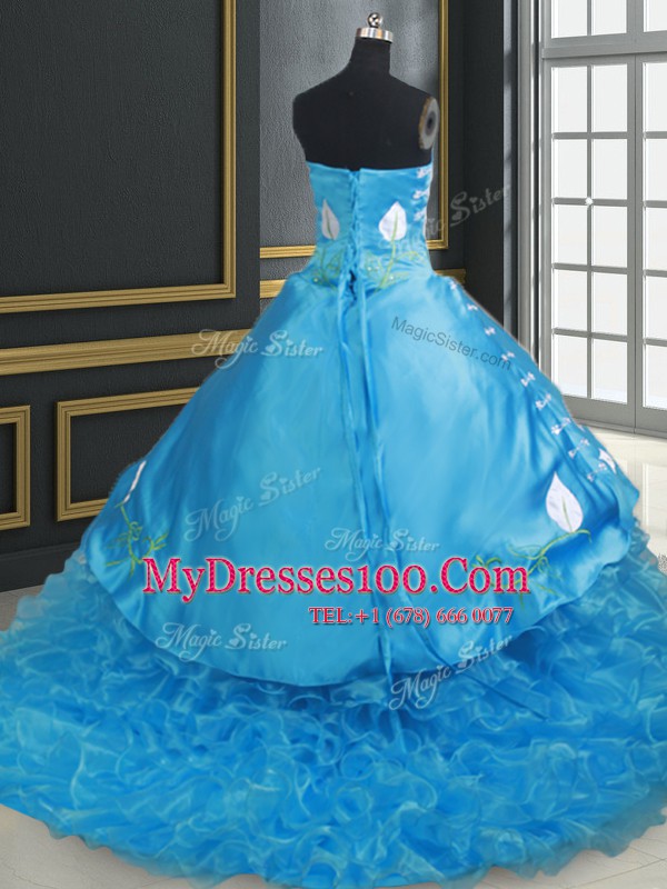 Ideal Baby Blue Sleeveless Brush Train Embroidery and Ruffled Layers With Train Quinceanera Gowns