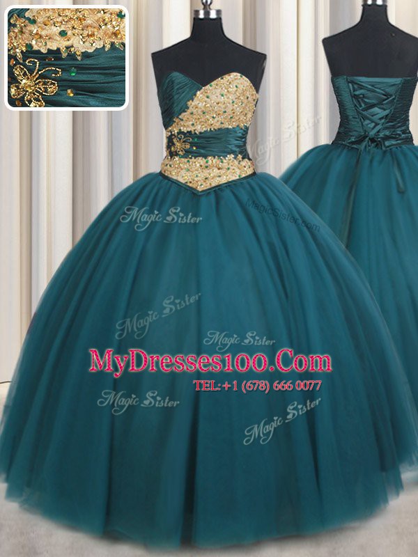 Enchanting Ball Gowns Quinceanera Gowns Teal Sweetheart Tulle Sleeveless Floor Length Lace Up