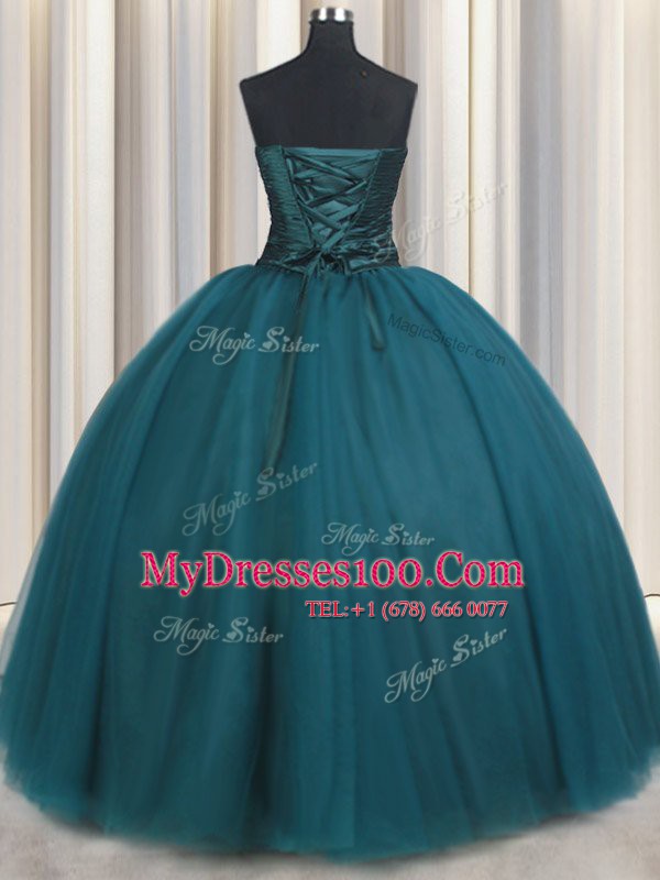 Enchanting Ball Gowns Quinceanera Gowns Teal Sweetheart Tulle Sleeveless Floor Length Lace Up