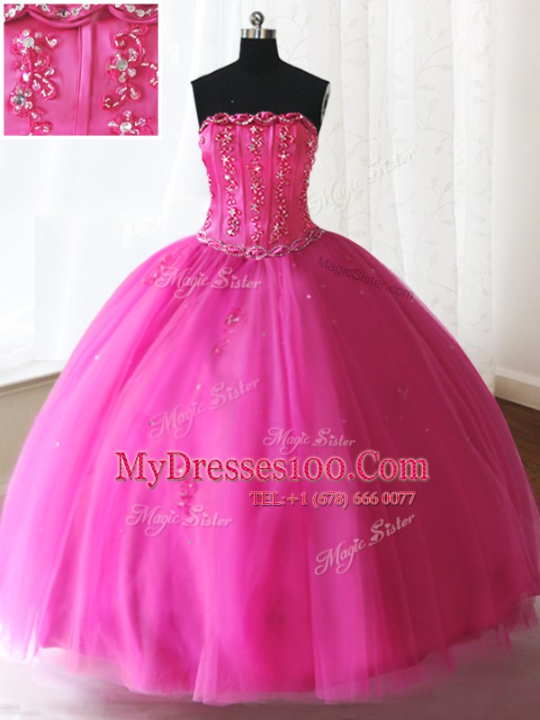 Custom Made Hot Pink Tulle Lace Up Ball Gown Prom Dress Sleeveless Floor Length Beading