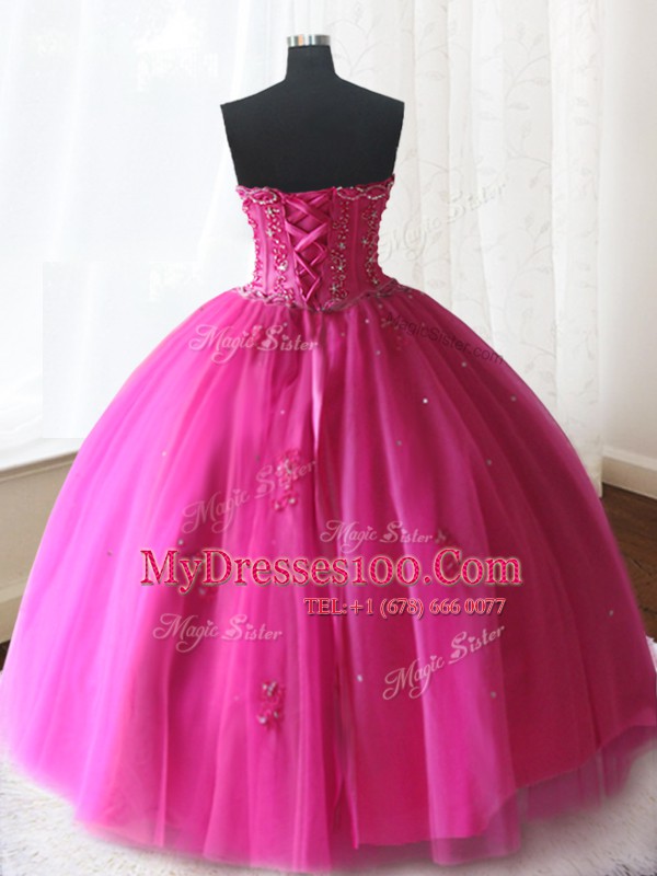 Custom Made Hot Pink Tulle Lace Up Ball Gown Prom Dress Sleeveless Floor Length Beading