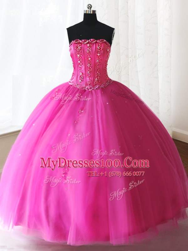 Custom Made Hot Pink Tulle Lace Up Ball Gown Prom Dress Sleeveless Floor Length Beading