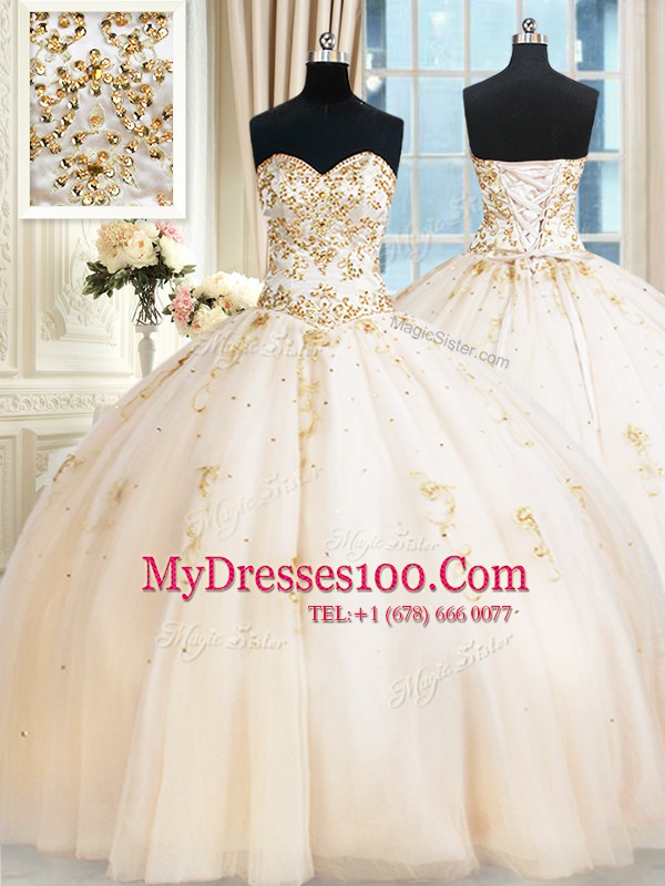 Delicate Floor Length Champagne 15 Quinceanera Dress Sweetheart Sleeveless Lace Up