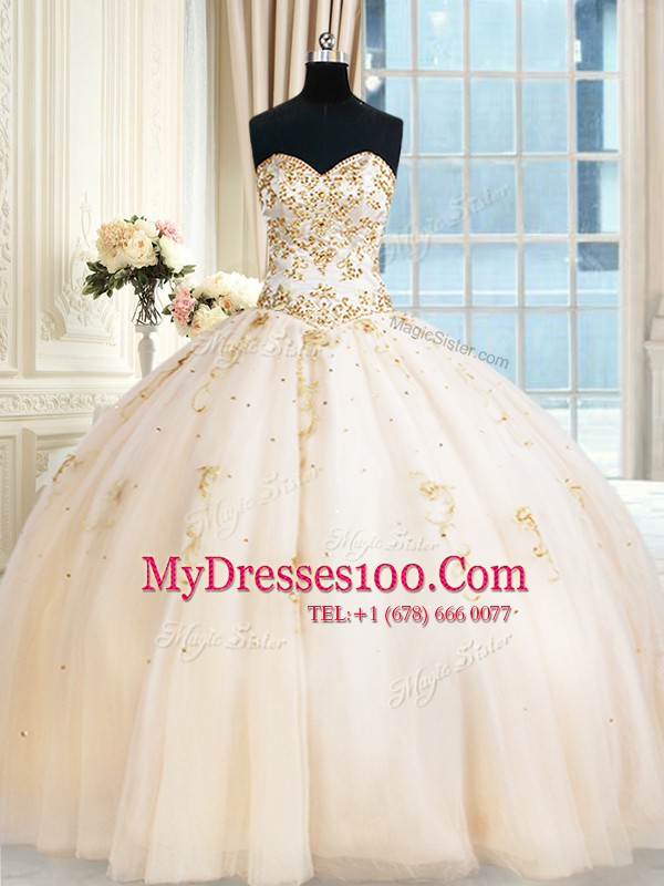 Delicate Floor Length Champagne 15 Quinceanera Dress Sweetheart Sleeveless Lace Up
