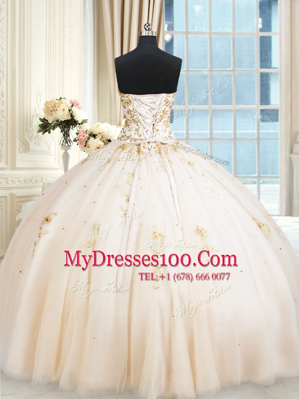 Delicate Floor Length Champagne 15 Quinceanera Dress Sweetheart Sleeveless Lace Up