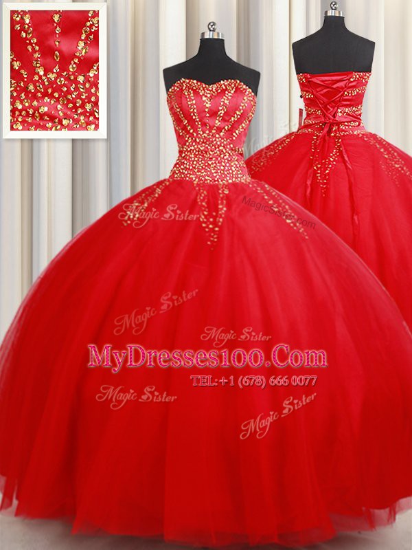 Red Ball Gowns Beading Quince Ball Gowns Lace Up Tulle Sleeveless Floor Length