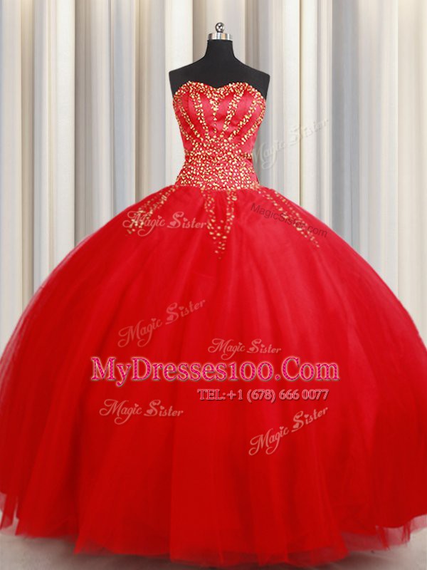 Red Ball Gowns Beading Quince Ball Gowns Lace Up Tulle Sleeveless Floor Length