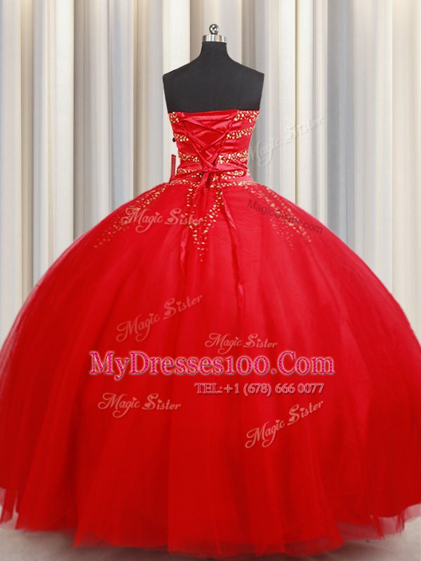 Red Ball Gowns Beading Quince Ball Gowns Lace Up Tulle Sleeveless Floor Length