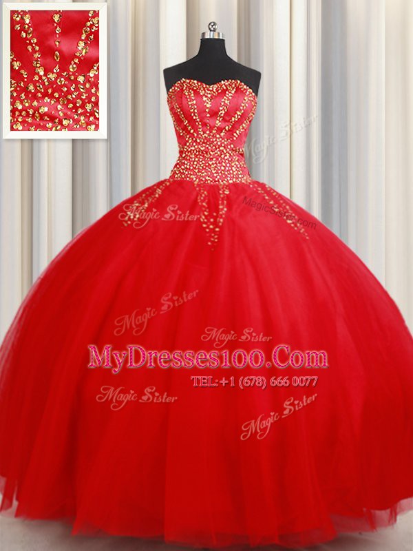 Red Ball Gowns Beading Quince Ball Gowns Lace Up Tulle Sleeveless Floor Length