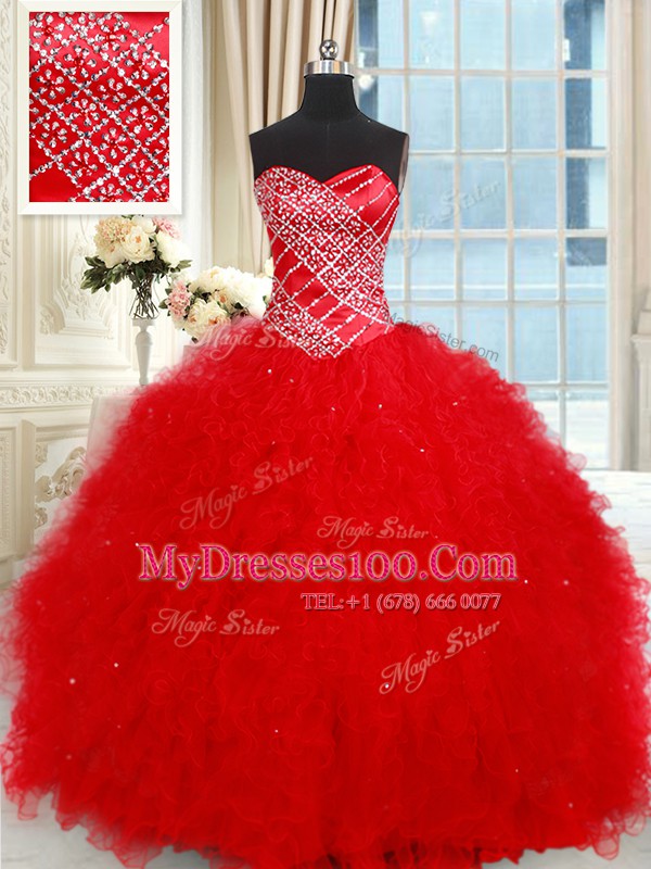 Ruffled Ball Gowns 15 Quinceanera Dress Red Sweetheart Tulle Sleeveless Floor Length Lace Up