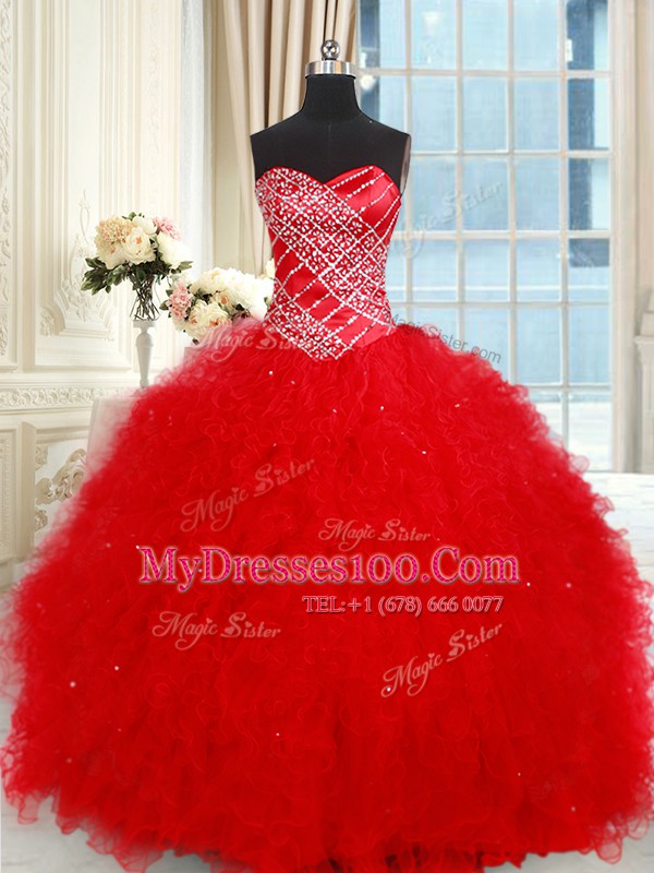 Ruffled Ball Gowns 15 Quinceanera Dress Red Sweetheart Tulle Sleeveless Floor Length Lace Up