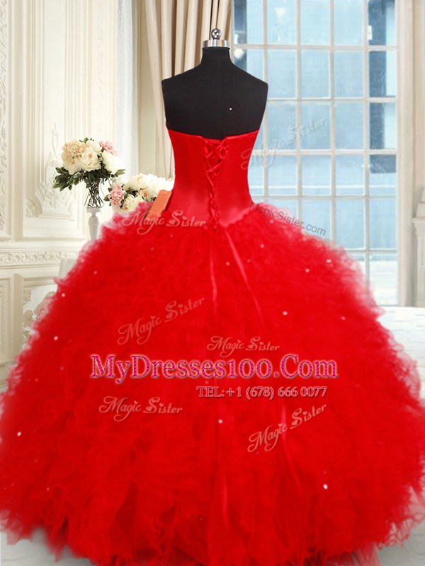 Ruffled Ball Gowns 15 Quinceanera Dress Red Sweetheart Tulle Sleeveless Floor Length Lace Up