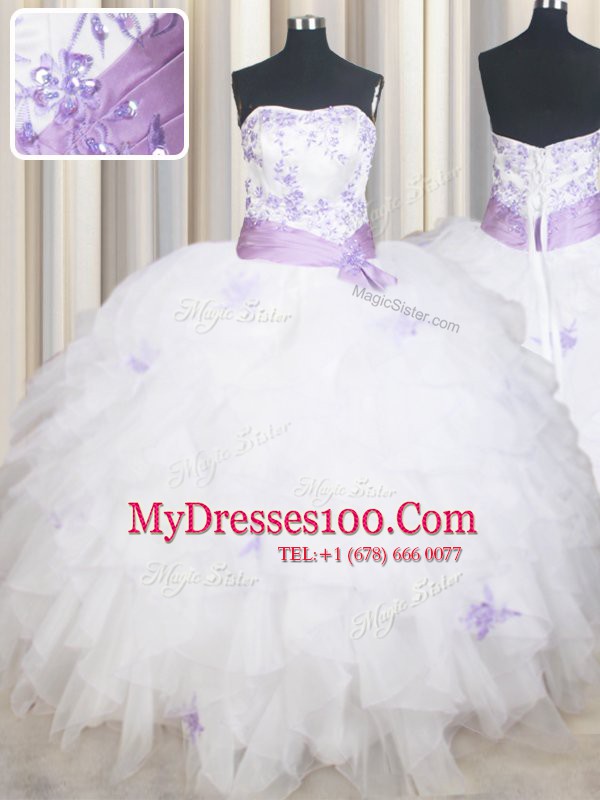 Noble Sleeveless Lace Up Floor Length Beading and Ruffles and Belt Vestidos de Quinceanera