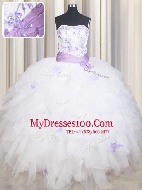 Noble Sleeveless Lace Up Floor Length Beading and Ruffles and Belt Vestidos de Quinceanera