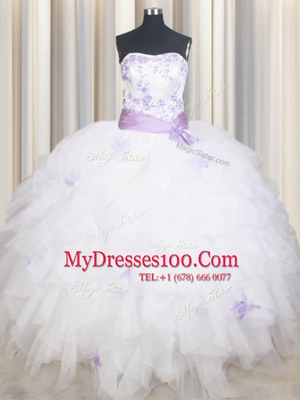 Noble Sleeveless Lace Up Floor Length Beading and Ruffles and Belt Vestidos de Quinceanera