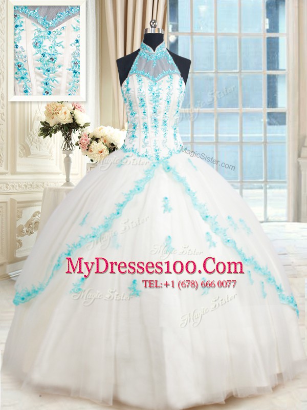 Deluxe White Quinceanera Dresses Military Ball and Sweet 16 and Quinceanera and For with Beading and Appliques Halter Top Sleeveless Lace Up