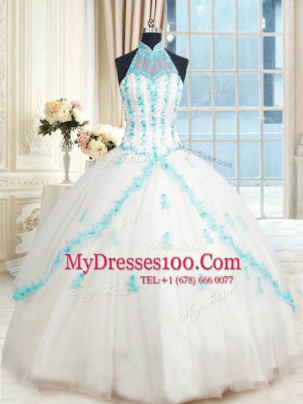 Deluxe White Quinceanera Dresses Military Ball and Sweet 16 and Quinceanera and For with Beading and Appliques Halter Top Sleeveless Lace Up