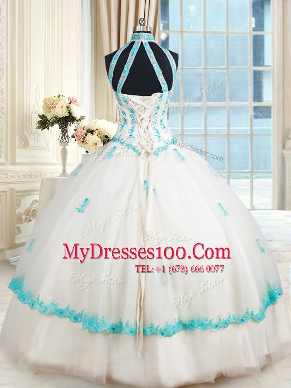 Deluxe White Quinceanera Dresses Military Ball and Sweet 16 and Quinceanera and For with Beading and Appliques Halter Top Sleeveless Lace Up