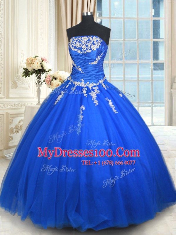 Shining Blue Tulle Lace Up Ball Gown Prom Dress Sleeveless Floor Length Beading and Appliques