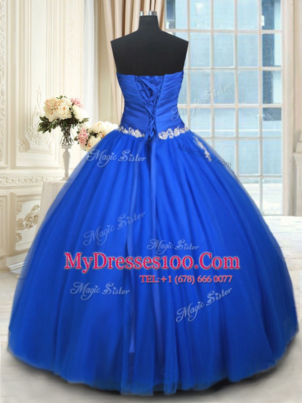 Shining Blue Tulle Lace Up Ball Gown Prom Dress Sleeveless Floor Length Beading and Appliques