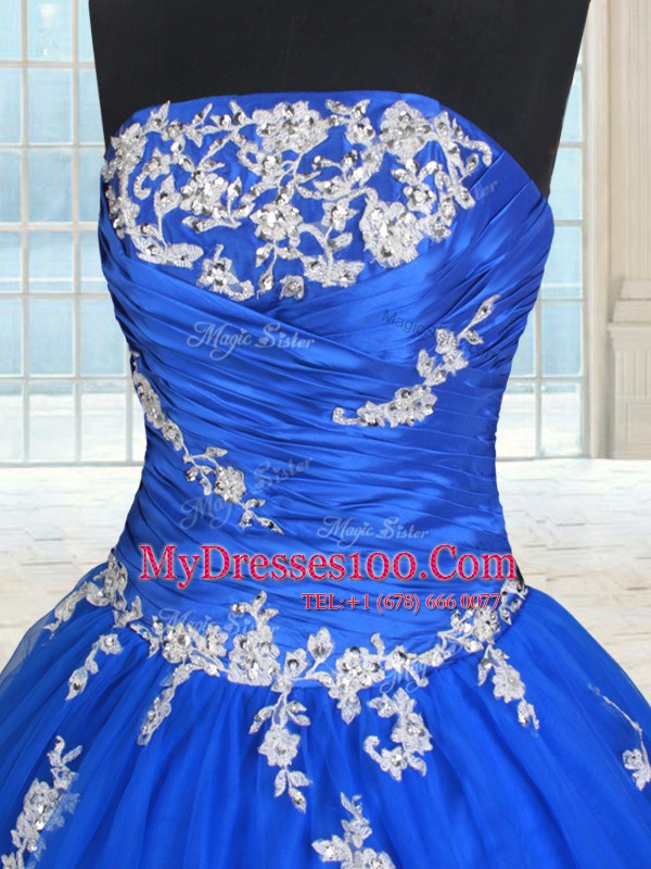 Shining Blue Tulle Lace Up Ball Gown Prom Dress Sleeveless Floor Length Beading and Appliques