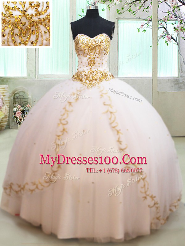 Perfect White Ball Gowns Tulle Sweetheart Sleeveless Beading and Appliques Floor Length Lace Up Quinceanera Dress
