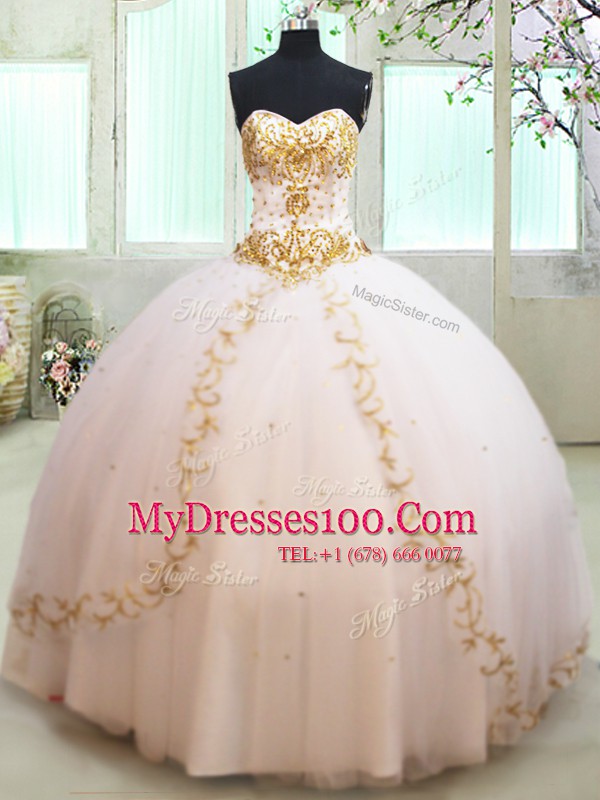 Perfect White Ball Gowns Tulle Sweetheart Sleeveless Beading and Appliques Floor Length Lace Up Quinceanera Dress