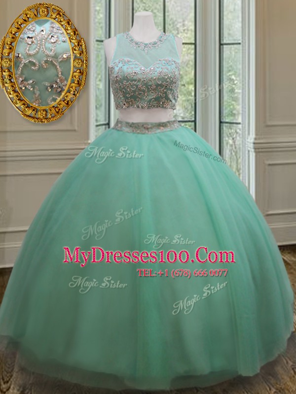 Glorious Apple Green Tulle Zipper Scoop Sleeveless Floor Length Quinceanera Dress Beading