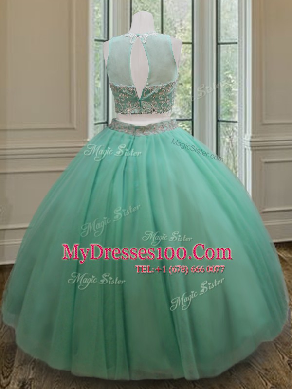 Glorious Apple Green Tulle Zipper Scoop Sleeveless Floor Length Quinceanera Dress Beading