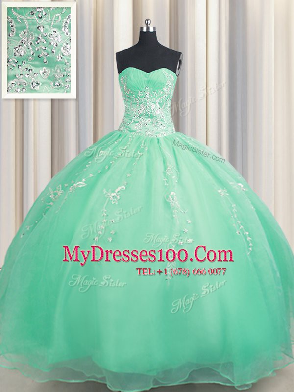 Turquoise 15 Quinceanera Dress Military Ball and Sweet 16 and Quinceanera and For with Beading and Appliques Sweetheart Sleeveless Zipper