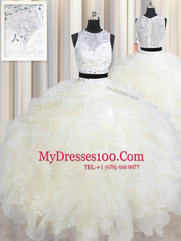 Spectacular Scoop Sleeveless Lace Up Quinceanera Gown Champagne Organza