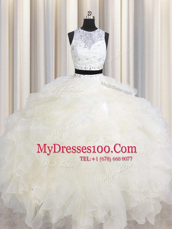 Spectacular Scoop Sleeveless Lace Up Quinceanera Gown Champagne Organza