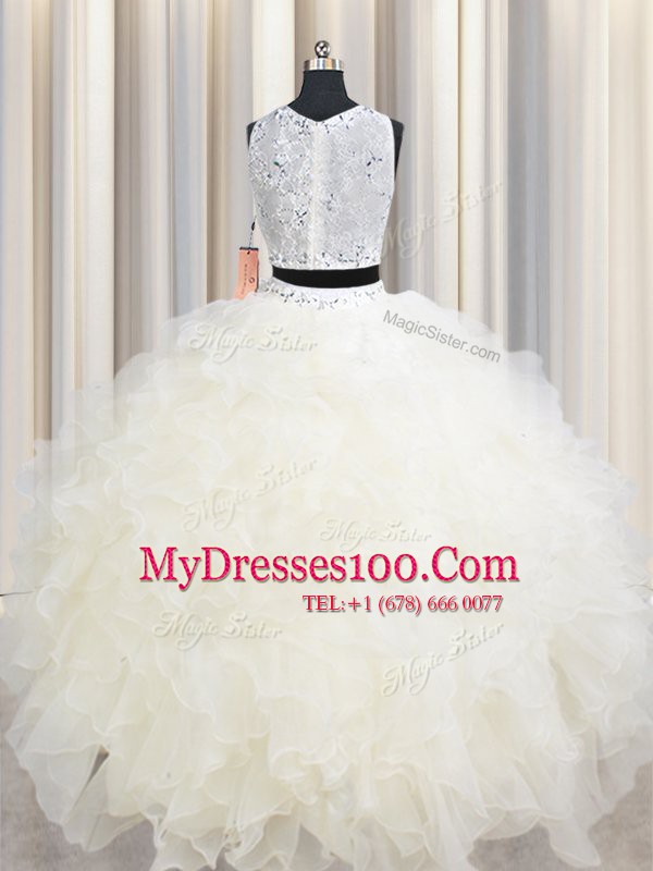 Spectacular Scoop Sleeveless Lace Up Quinceanera Gown Champagne Organza