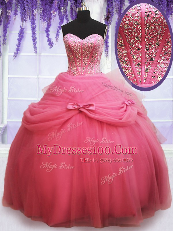 On Sale Watermelon Red Ball Gowns Sweetheart Sleeveless Tulle Floor Length Lace Up Beading and Bowknot 15th Birthday Dress
