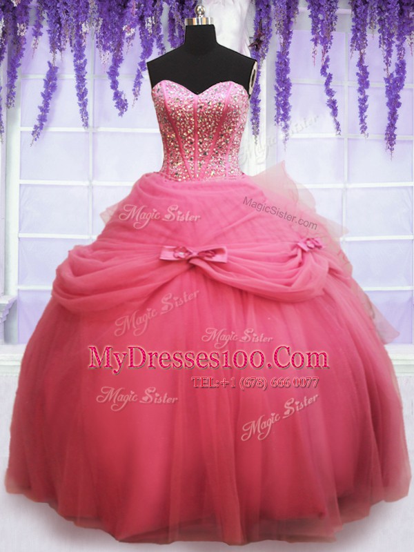 On Sale Watermelon Red Ball Gowns Sweetheart Sleeveless Tulle Floor Length Lace Up Beading and Bowknot 15th Birthday Dress