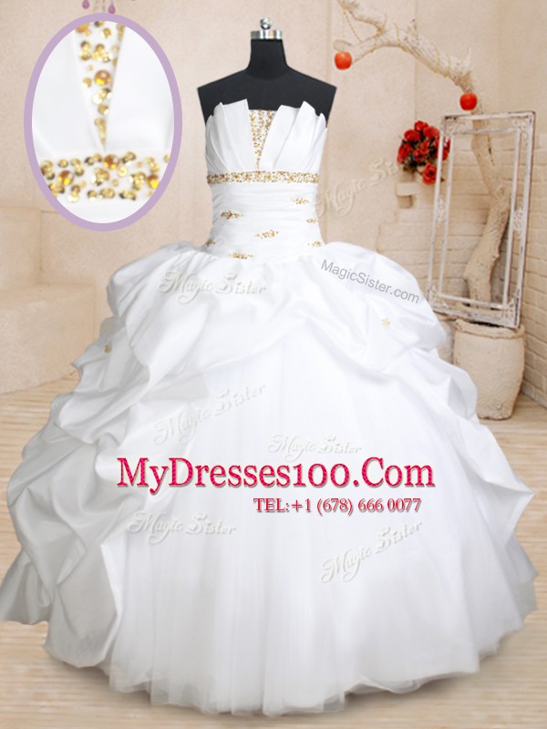Scoallped Floor Length White Quinceanera Gown Taffeta and Tulle Sleeveless Beading and Pick Ups